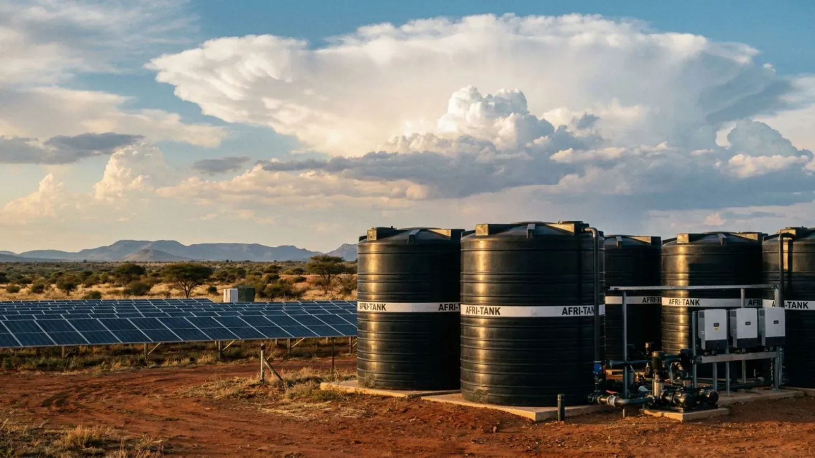 Solar-powered water infrastructure with storage tanks and photovoltaic arrays at a healthcare facility.