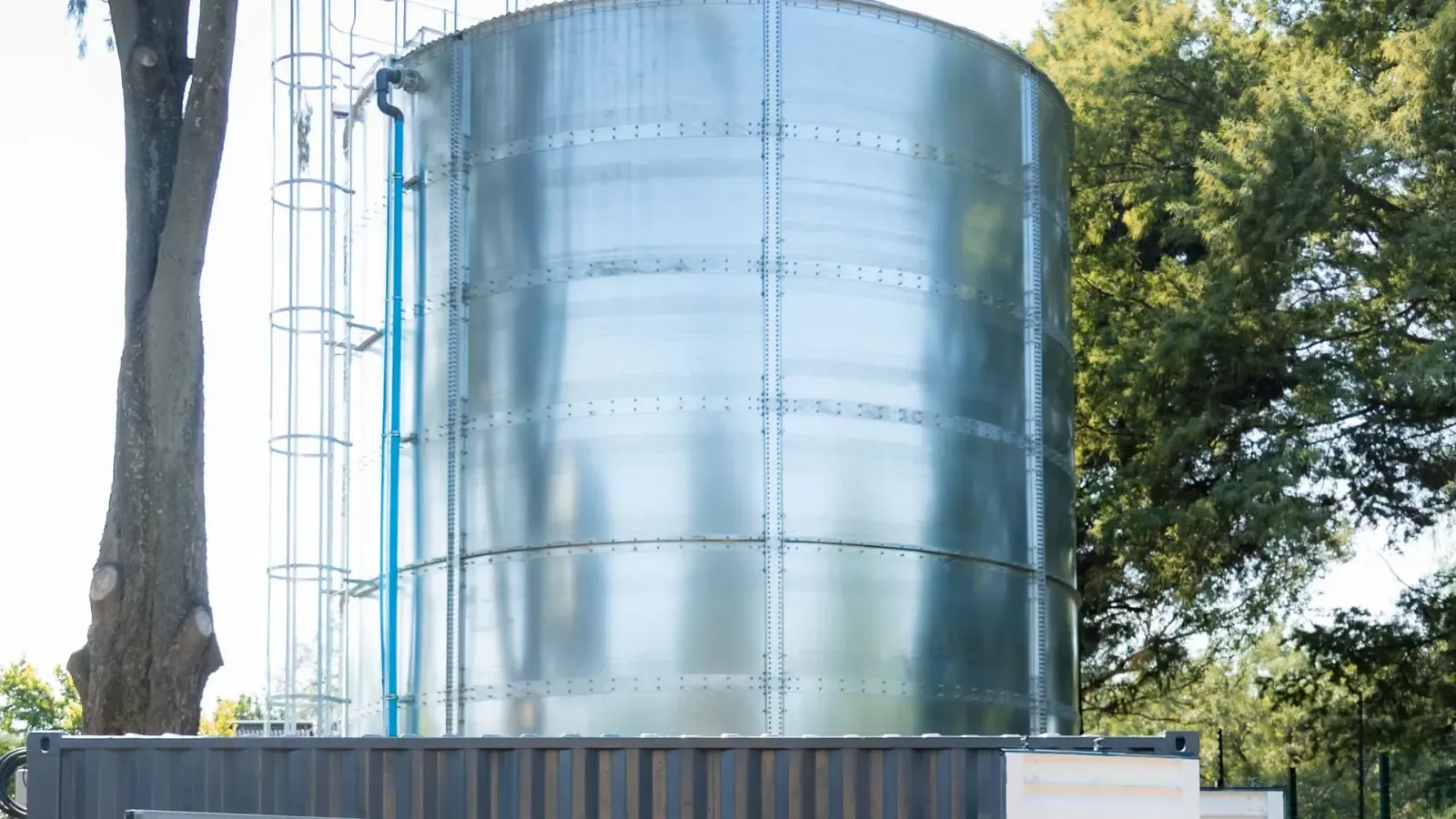 Galvanised modular steel water storage tank at an industrial facility in South Africa.