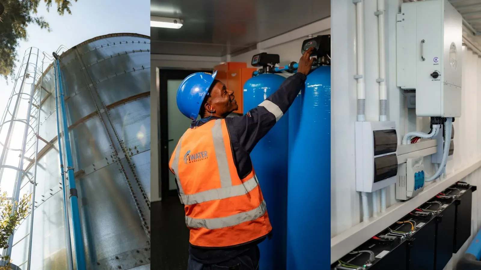 Industrial water tank, treatment technology and power systems collage showcasing integrated water infrastructure for remote mining operations.