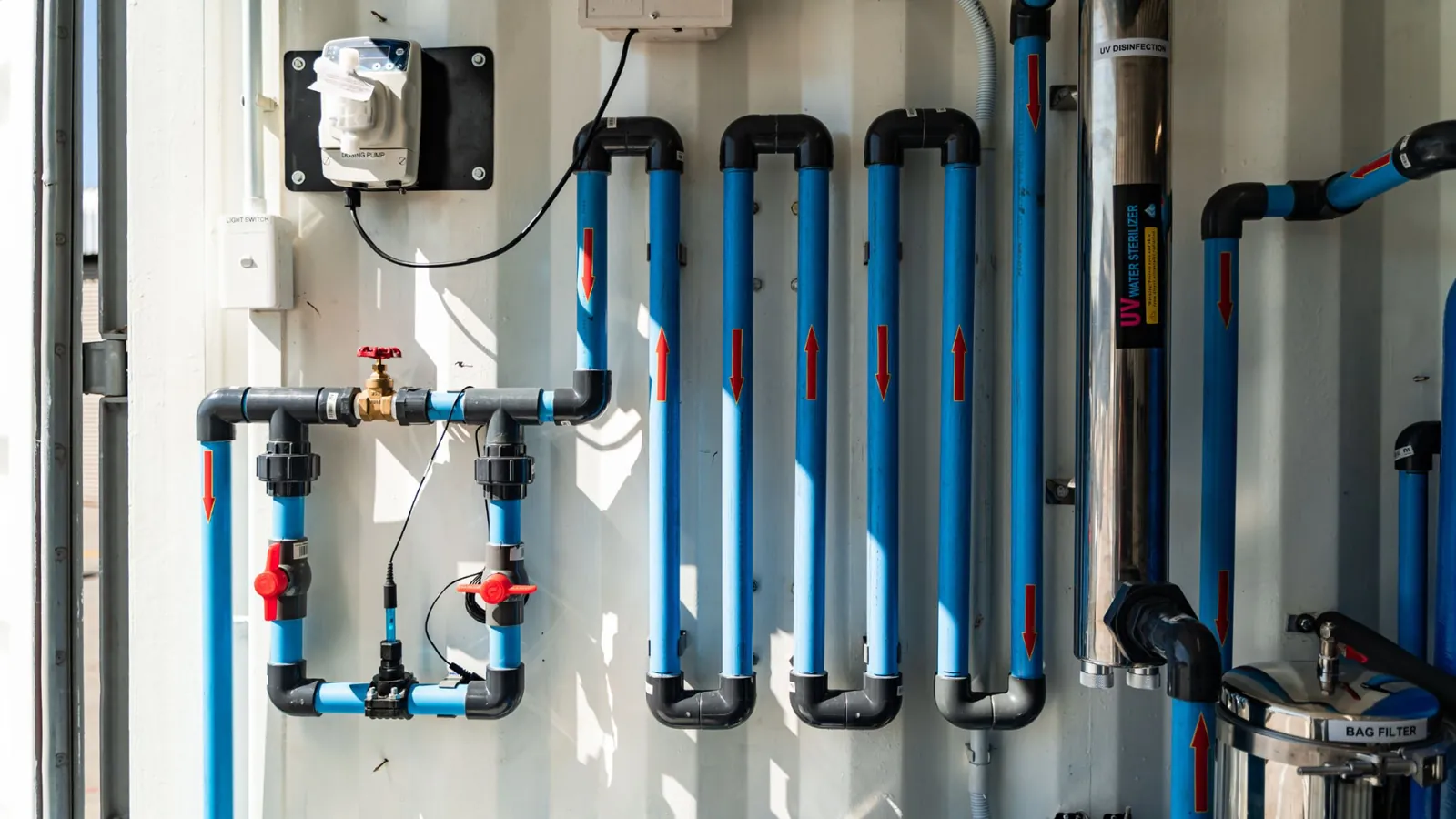 iWater containerised treatment plant interior with UV disinfection and filtration pipework