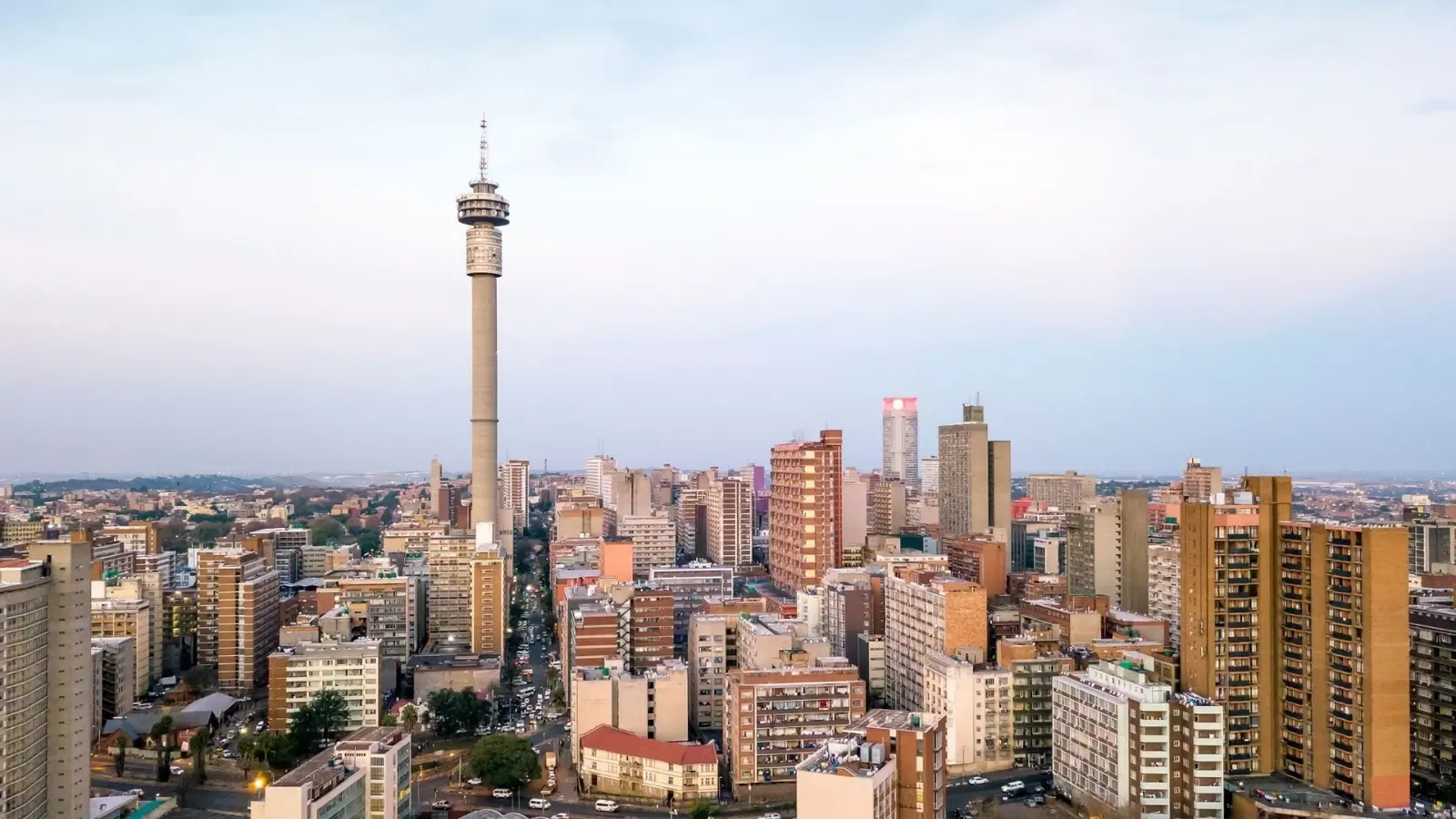 Johannesburg skyline with water infrastructure and distribution network in the foreground.