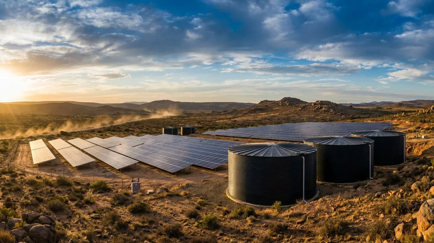 Solar panel array and water storage tanks in a remote South African landscape